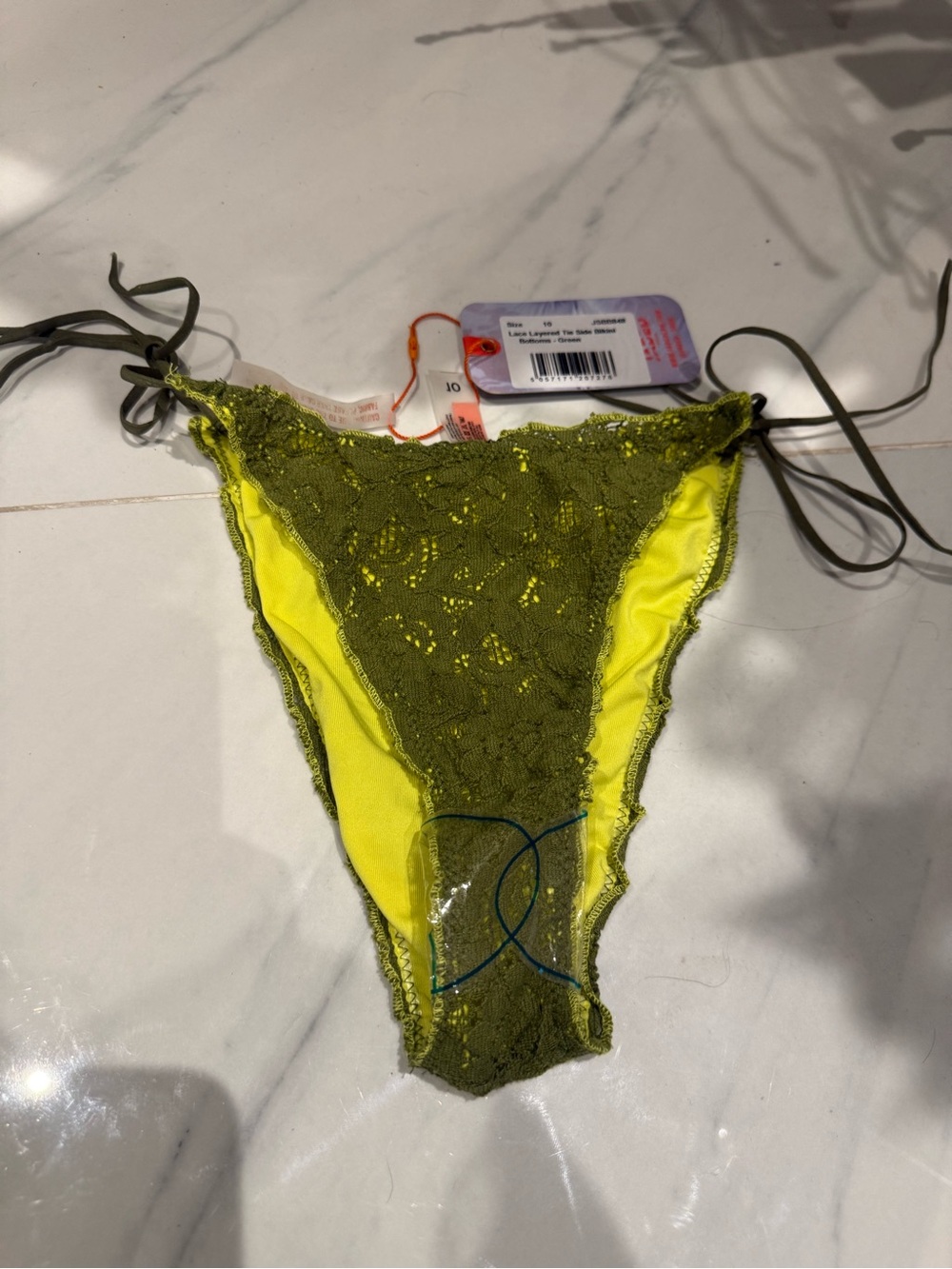 Jaded London Olive Green Lace Bikini Bottoms with Neon Yellow Lining